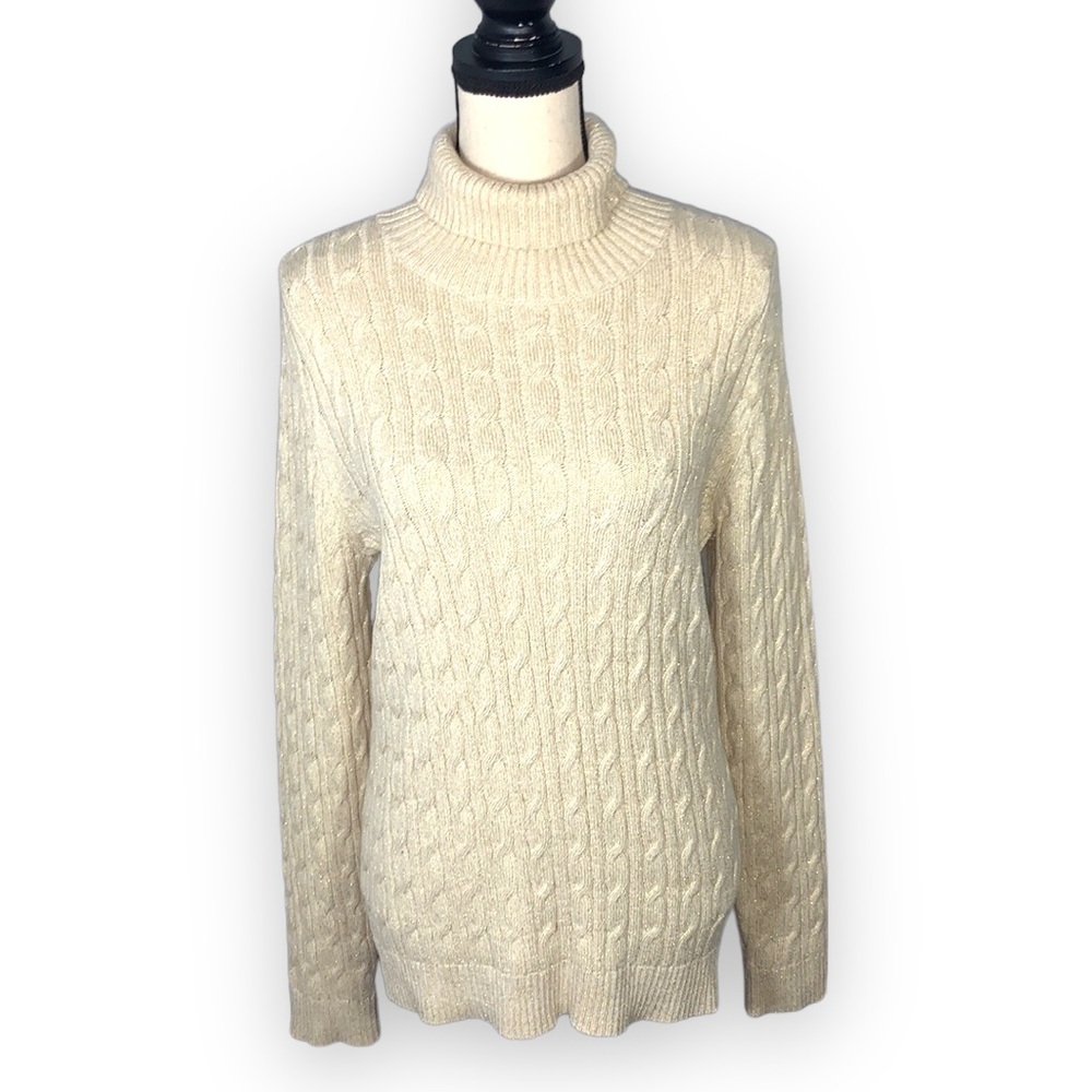 Charter Club Cream Cable Knit Sparkly Turtleneck Sweater Metallic Size Large